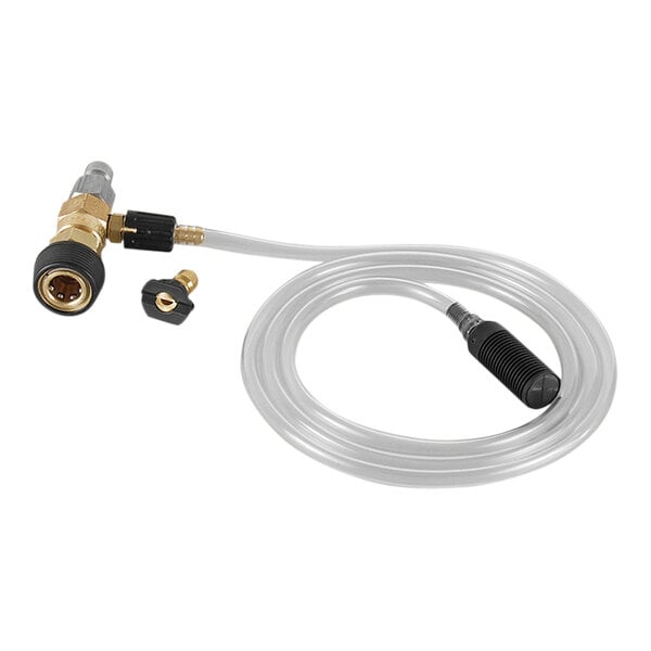 A white hose with a gold connector attached to a Mi-T-M low pressure detergent injector.