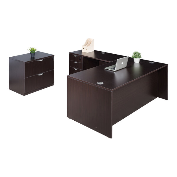 A Boss mocha laminate desk with a return and storage pedestal, and a file cabinet with a white laptop on the desk.