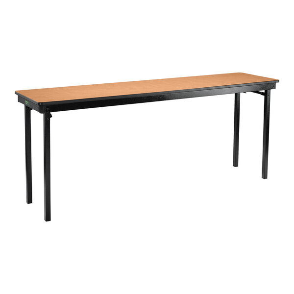 A National Public Seating Bannister Oak plywood folding table with black legs and T-mold edge.