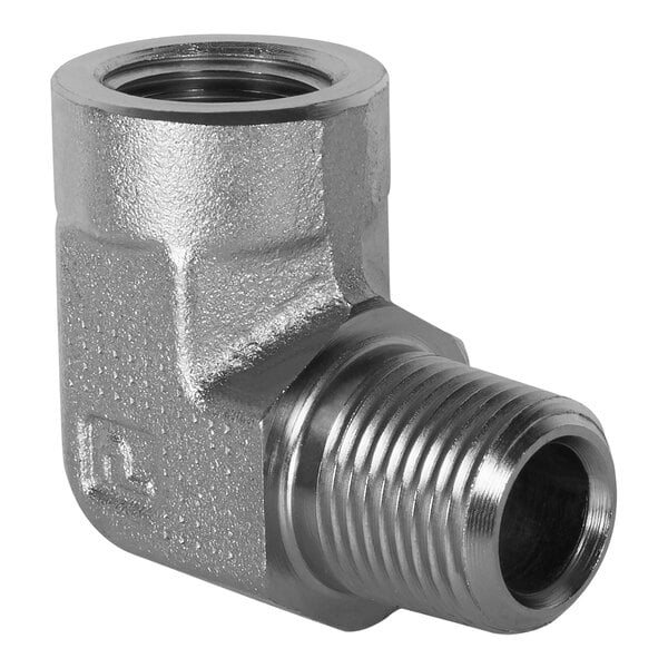 A silver stainless steel Mi-T-M elbow pipe fitting with a threaded end.