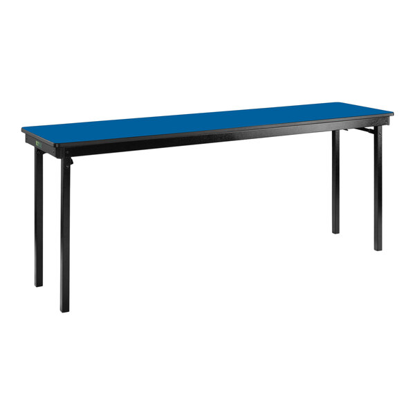 A National Public Seating Persian Blue rectangular folding table with black legs.