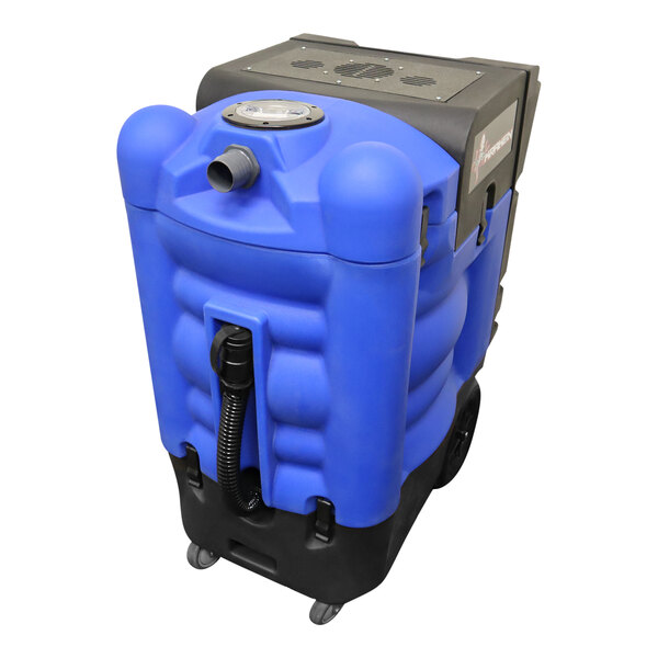 A blue and black U.S. Products Kraken 6.6 Dual-Motor Flood Pumper with wheels.