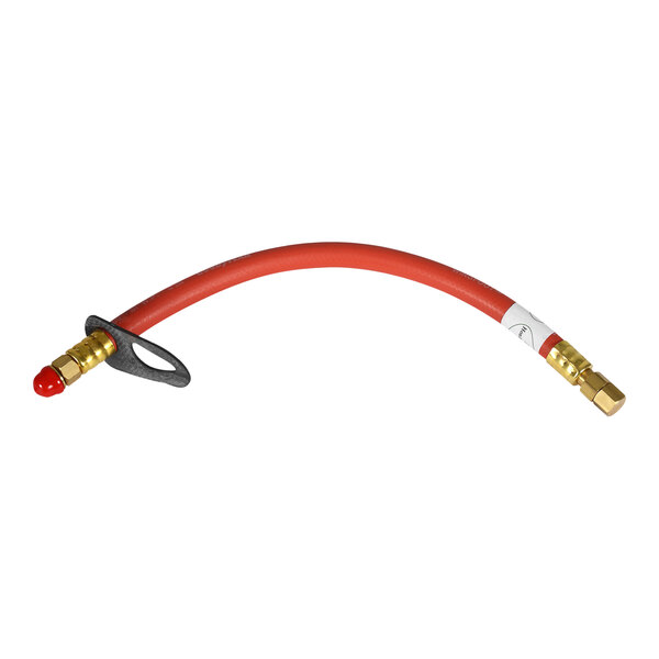 A red cable with a red ball valve on a white background.