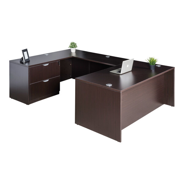A Boss Holland mocha laminate desk with a laptop on it.