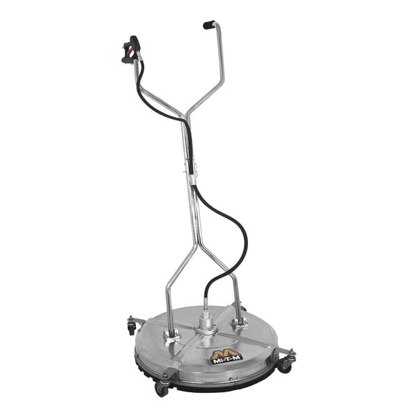 A Mi-T-M rotary surface cleaner with casters and a hose attachment.
