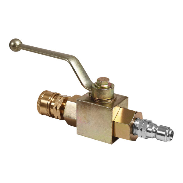 A brass Mi-T-M shut-off ball valve with a brass handle.