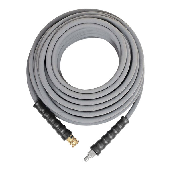 A coiled grey Mi-T-M cold water extension hose with black handles.