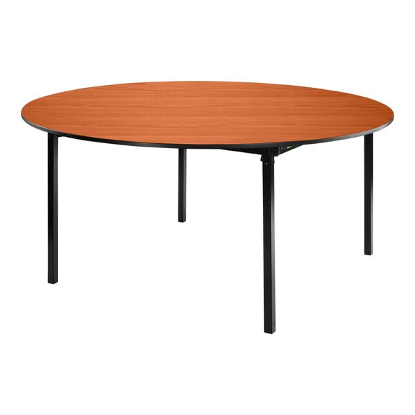 A National Public Seating round table with a Wild Cherry wood top and black T-Mold edge on black metal legs.
