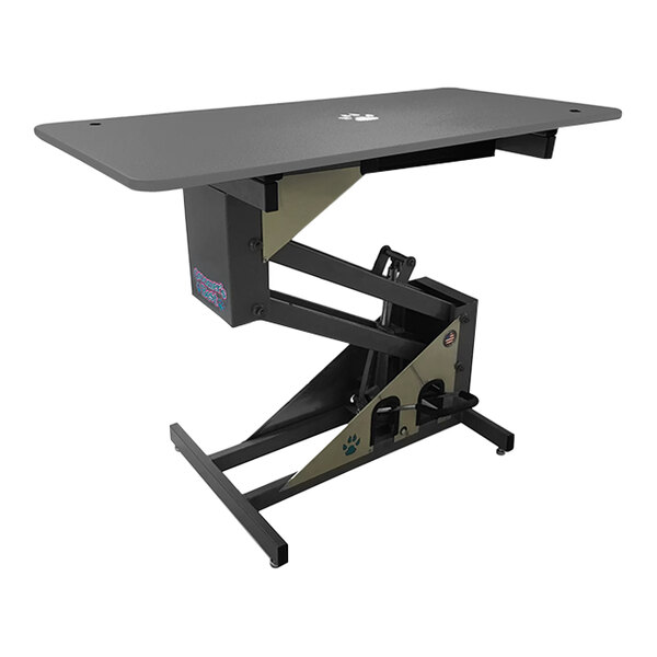 A gray hydraulic grooming table with a black rectangular top.