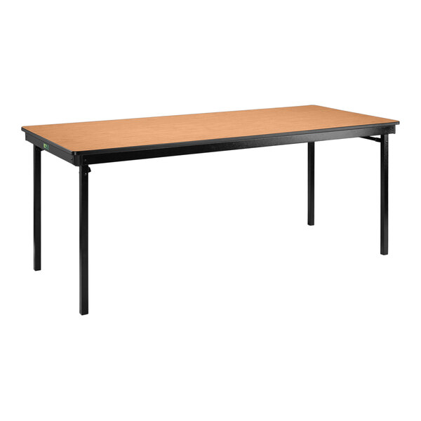 A National Public Seating rectangular folding table with black legs and a brown top.