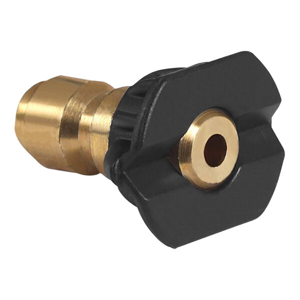 A brass Mi-T-M long range chemical nozzle with black accents.