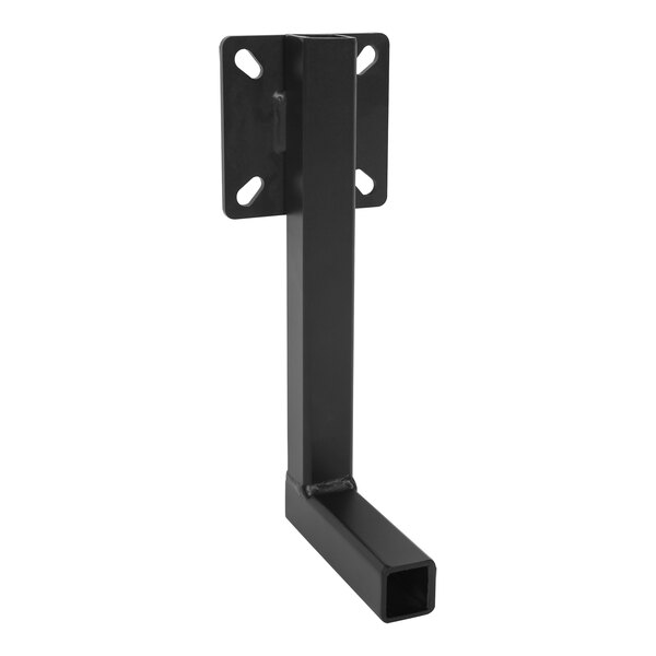 A black metal bracket with a square hole and holes in it.