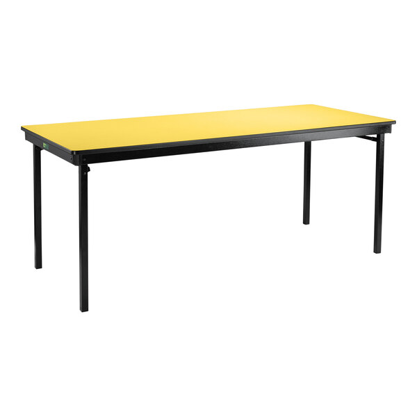 A yellow rectangular National Public Seating table with black legs and a black T-mold edge.