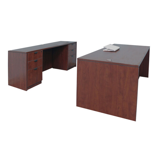 A Boss mahogany laminate desk module with dual storage pedestals and credenza.