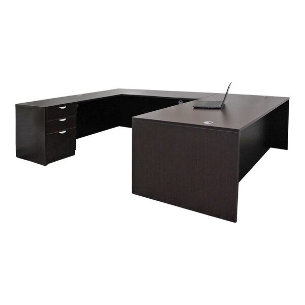 A Boss mocha laminate desk with laptop on top and two storage pedestals.