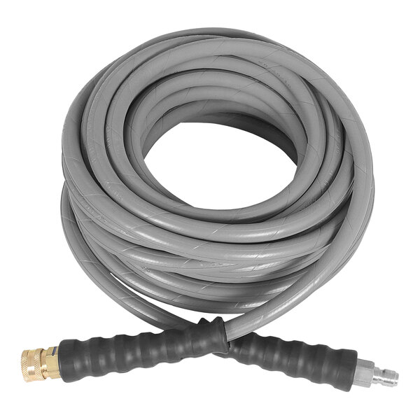 A coiled grey Mi-T-M pressure washer extension hose with black handles.