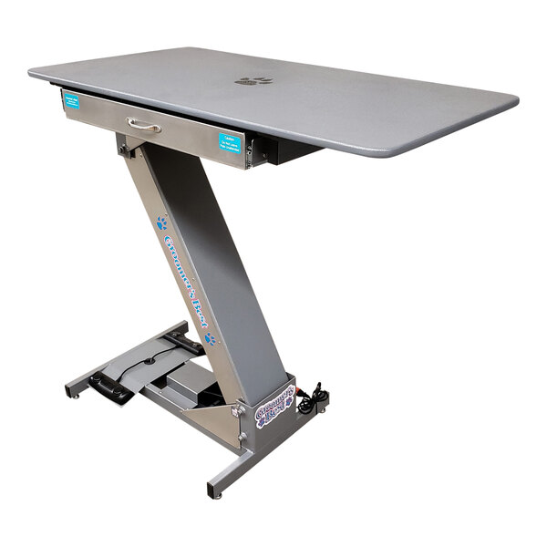 A grey Groomer's Best grooming table with white legs and a white top.