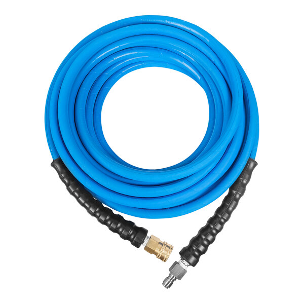 A blue Mi-T-M cold water extension hose with black handles.