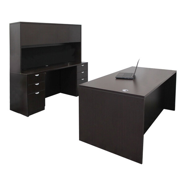 A Boss mocha laminate desk with dual storage pedestal and hutch above it.