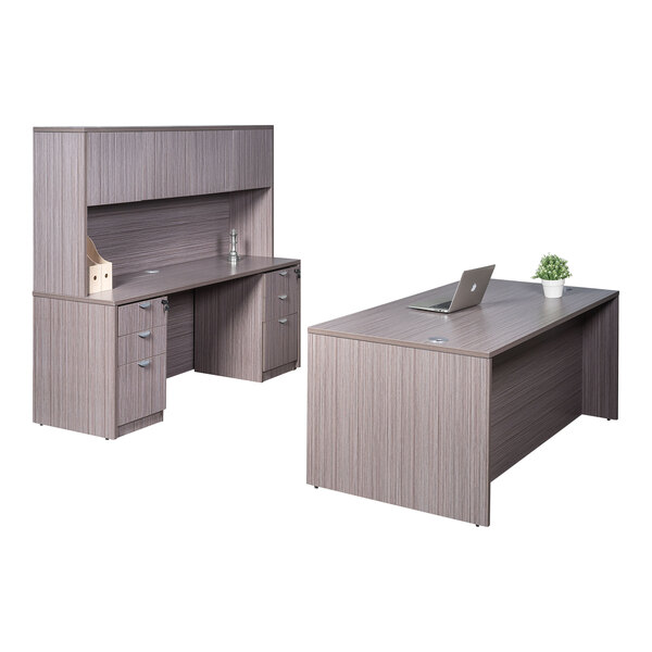 A Boss Driftwood laminate desk module with hutches and storage pedestals.