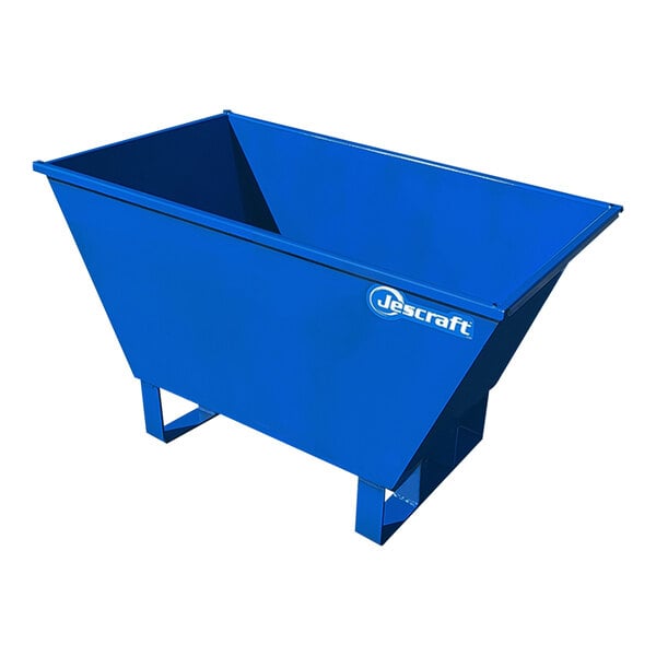 A blue Jescraft steel self-dumping hopper with white text.