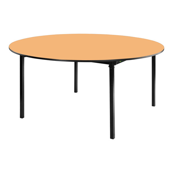 A National Public Seating round Fusion Maple plywood folding table with a T-mold edge on a black metal stand.