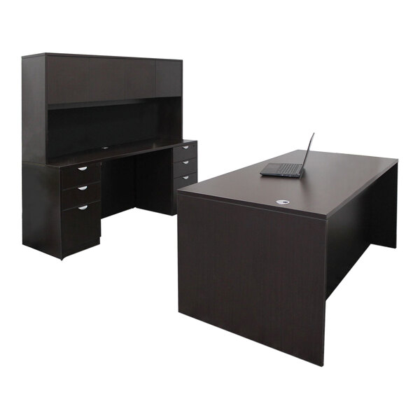 A Boss mocha laminate desk with hutch, dual pedestals, and credenza with a laptop on the desk.