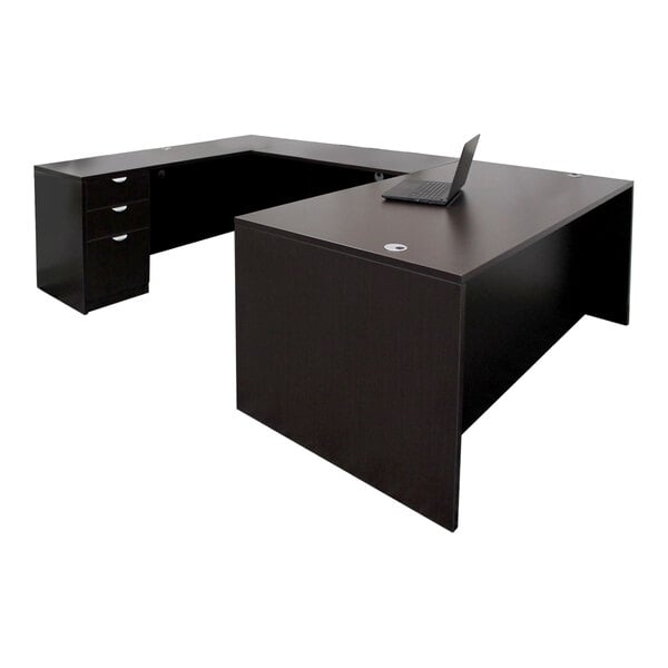 A Boss Holland Series mocha laminate desk with a laptop on it.