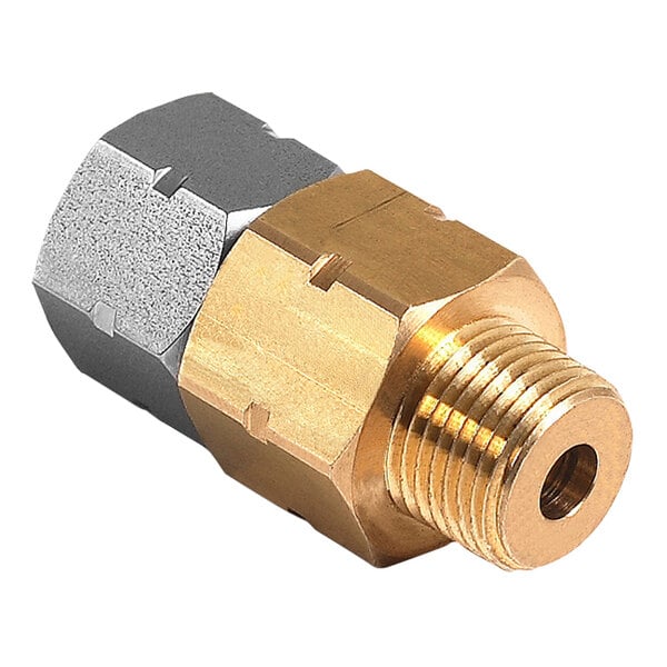A close-up of a brass and gold Mi-T-M high pressure swivel connector.