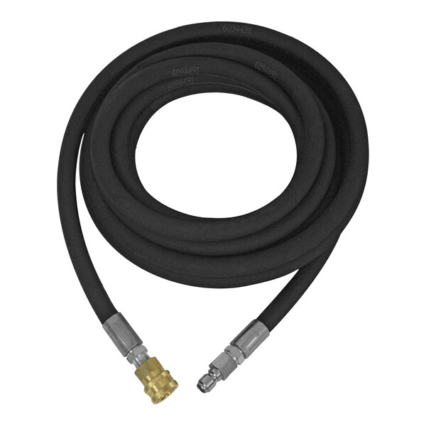 A black hose with gold connectors.