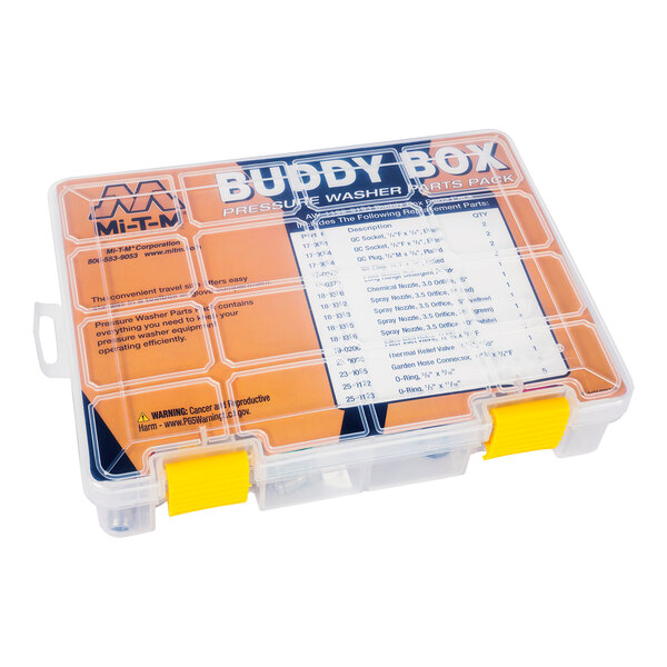 A plastic Mi-T-M buddy box with a clear container and yellow handles with a label.