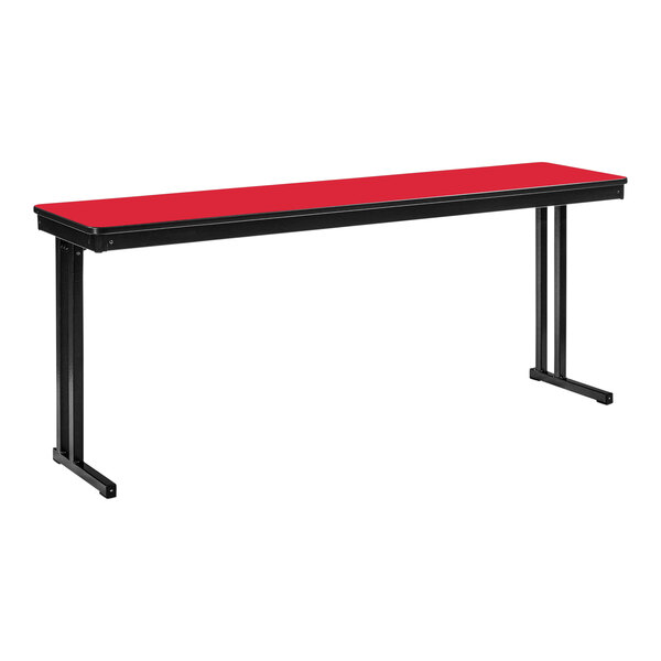 A red rectangular National Public Seating table with black cantilever legs.
