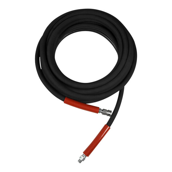 A black tube with red handles and connections for a Mi-T-M pressure washer.