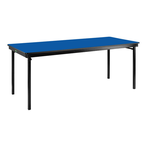 A National Public Seating Persian Blue rectangular table with black legs.