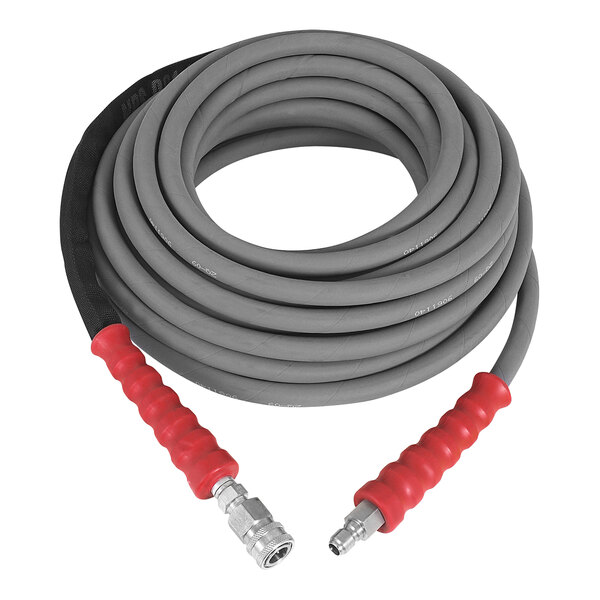 A coiled grey Mi-T-M pressure washer extension hose with red handles.