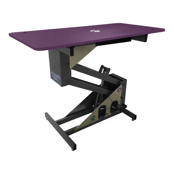 A purple Groomer's Best grooming table with a black base and legs.