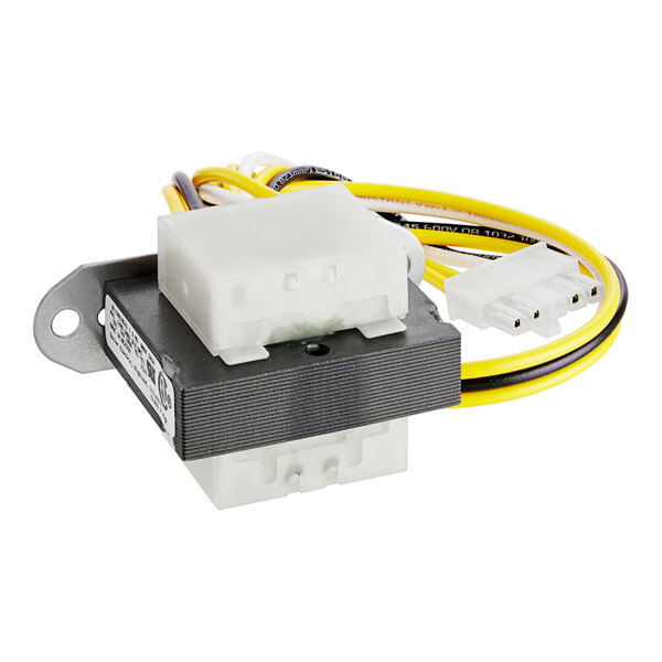 A close-up of a Bunn 120V/12V transformer with a white and yellow power supply.