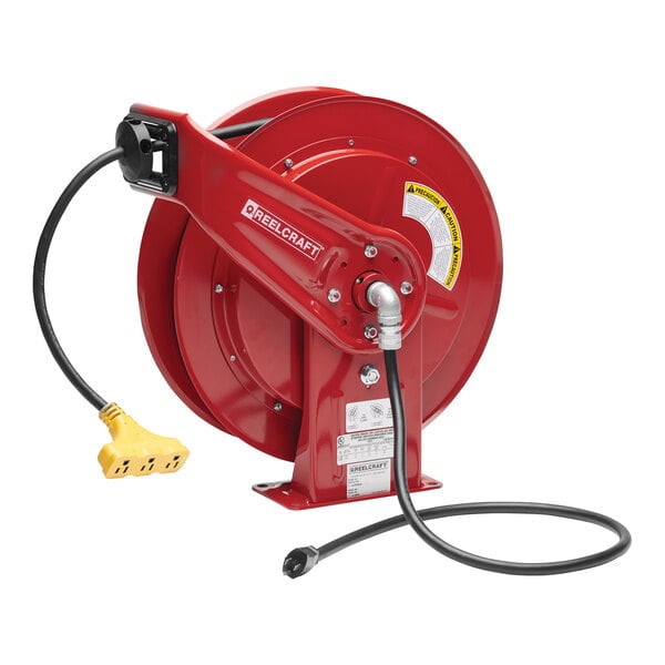 A red Reelcraft cable reel with a cable attached.