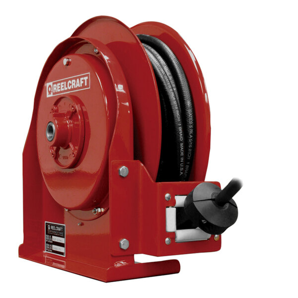 A red Reelcraft hose reel with a black and red cable.