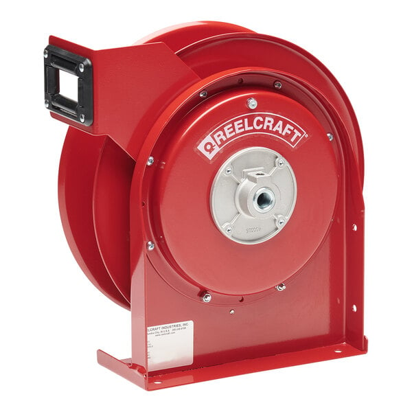 A red Reelcraft hose reel with a white background.