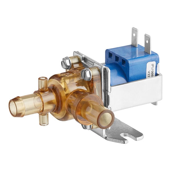A Bunn plastic bypass solenoid valve with a blue and yellow handle.