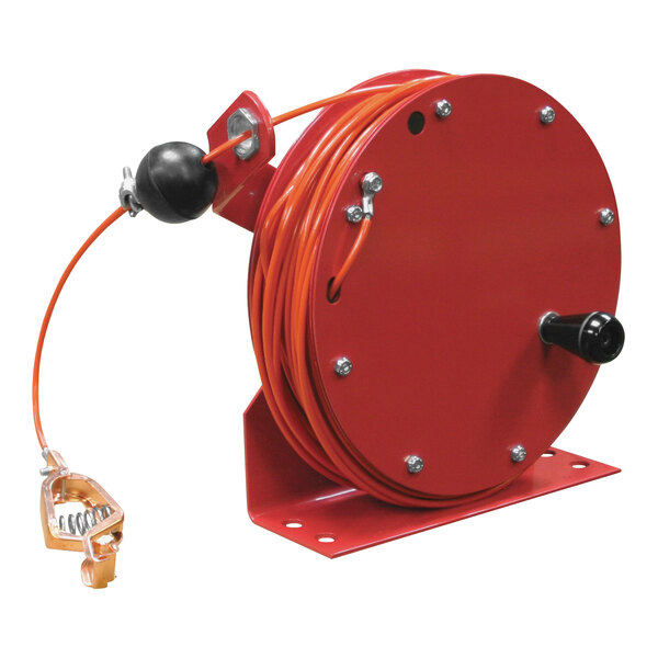 A red Reelcraft hand crank bonding reel with nylon-coated steel cable.