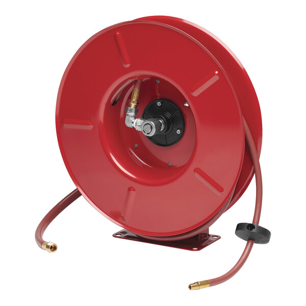 A red Reelcraft hose reel with hoses and two gold handles.