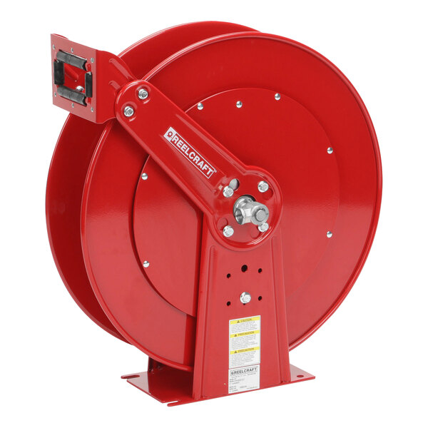 A red Reelcraft hose reel with a handle.