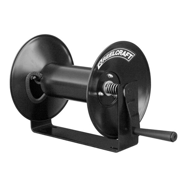 A black Reelcraft hose reel with a black handle.