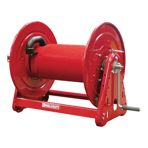 A red Reelcraft hose reel with a black handle.