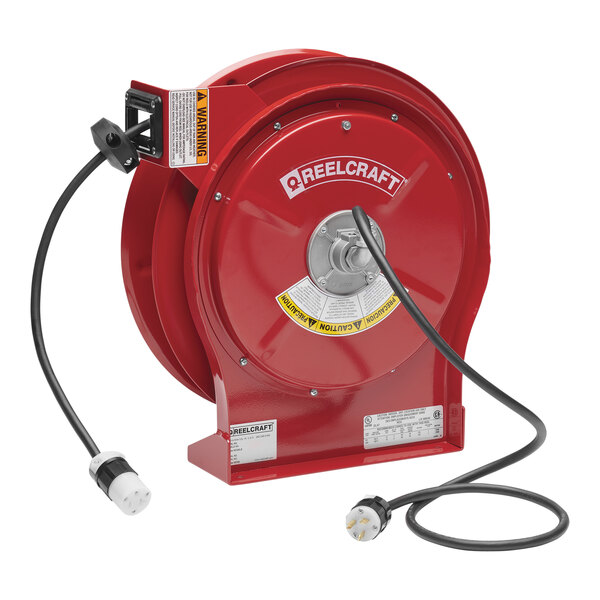 A red Reelcraft power cord reel with a cable attached.