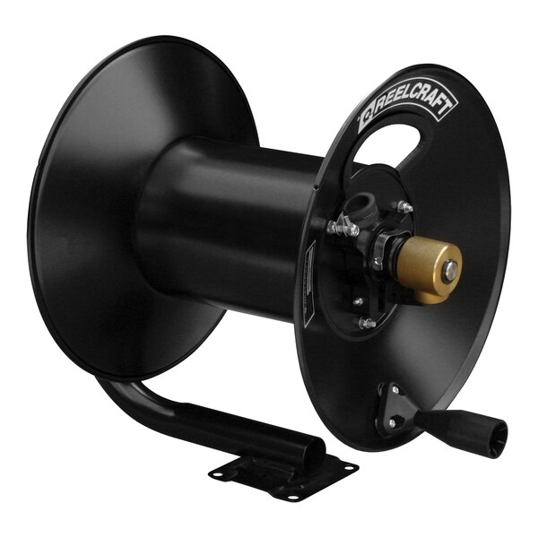 A black Reelcraft hose reel with a black and gold crank handle.
