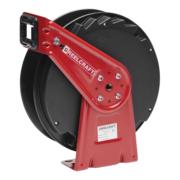 A red and black Reelcraft hose reel with a red handle.