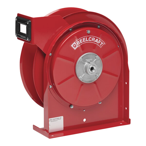A red Reelcraft hose reel with a silver handle.